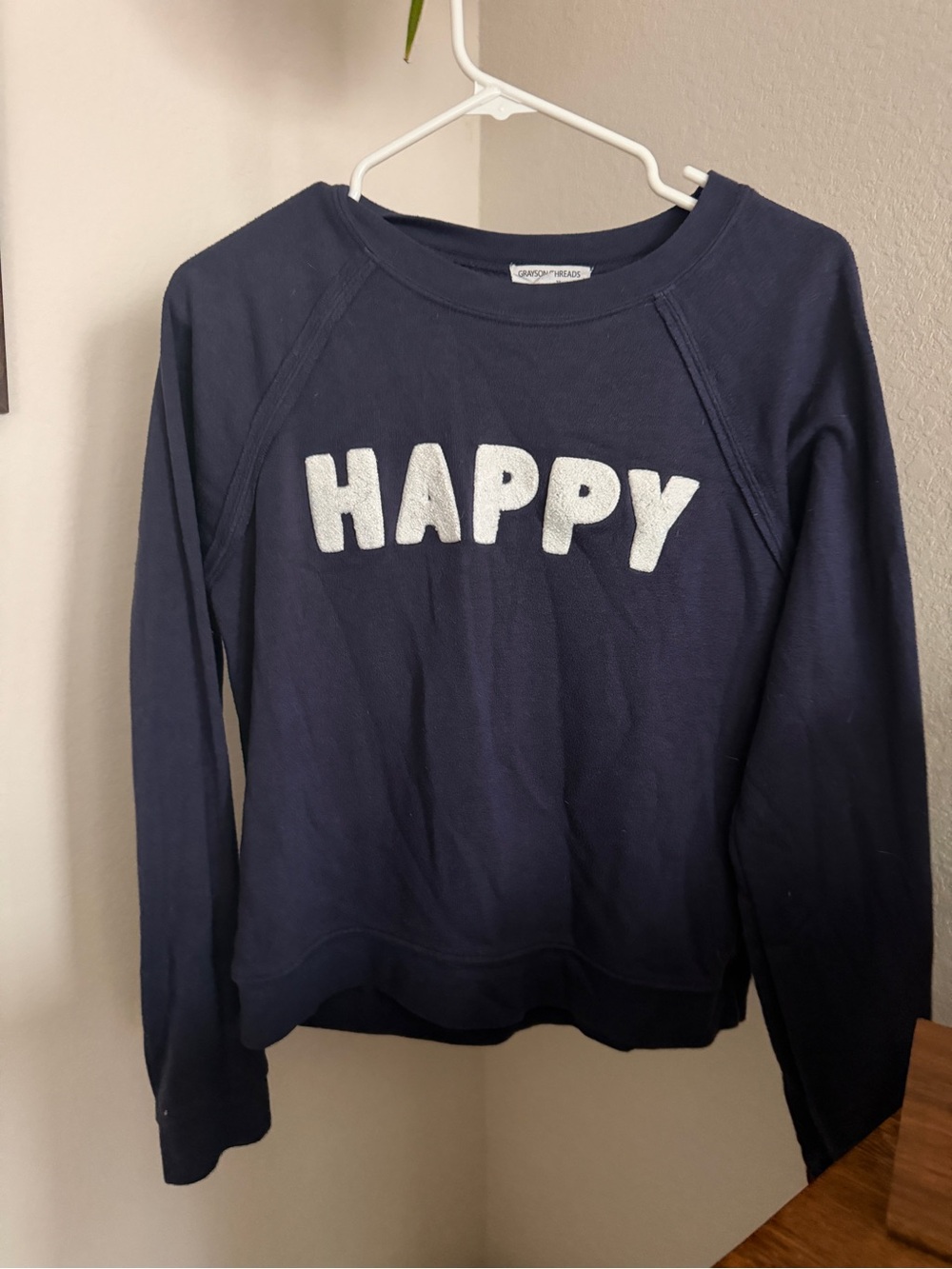 Grayson Threads Navy Crewneck Sweater with White "HAPPY" Chenille